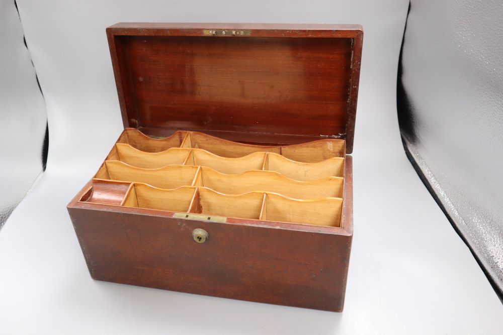 A 19th century brass inlaid mahogany stationery with Bramah lock, together with a satinwood box, longest 35.cm